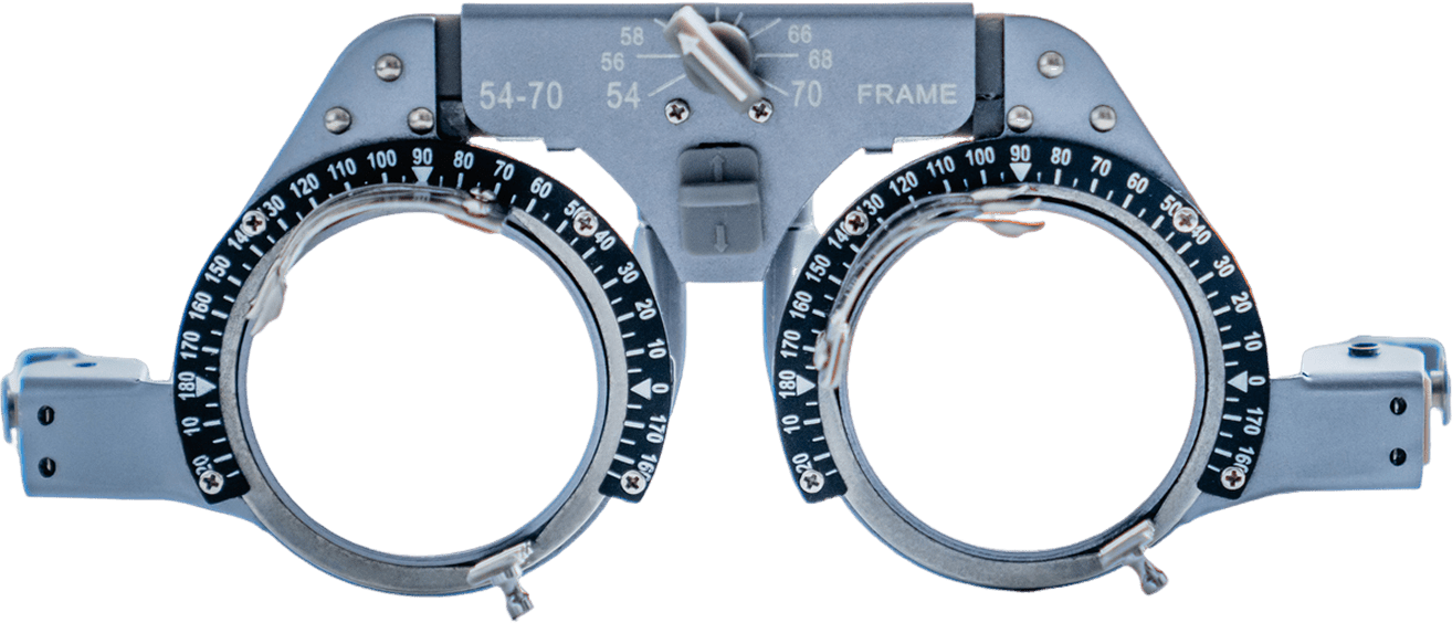 Optometry trial frame against black background.