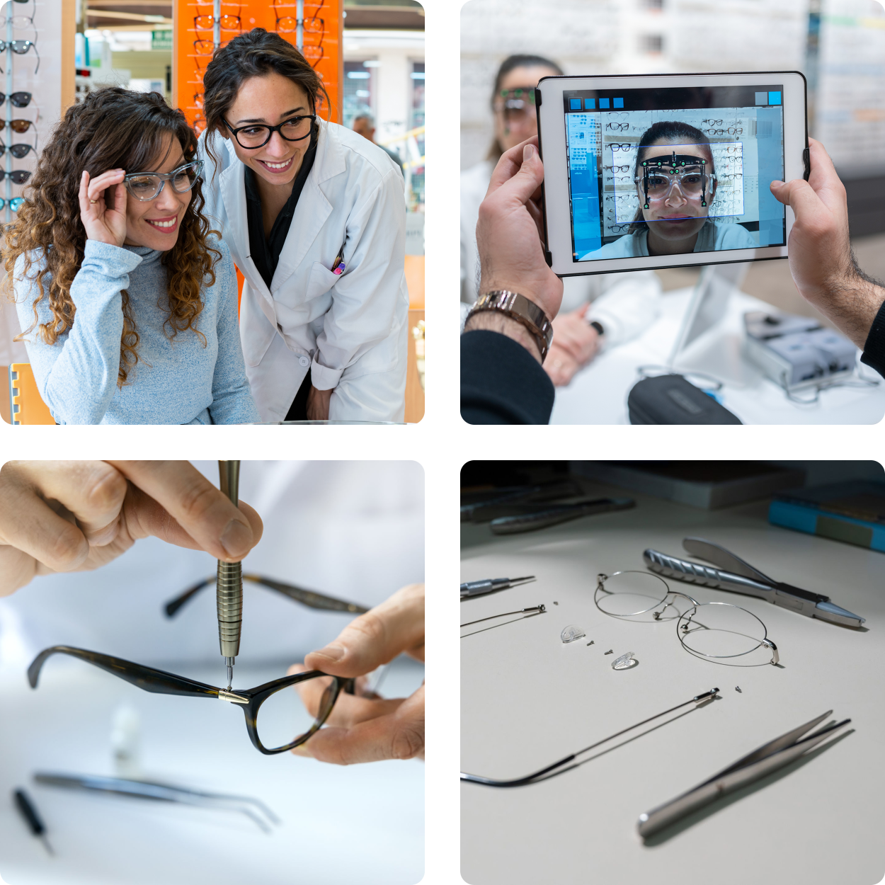 Optical store visit and eyewear repair tools.