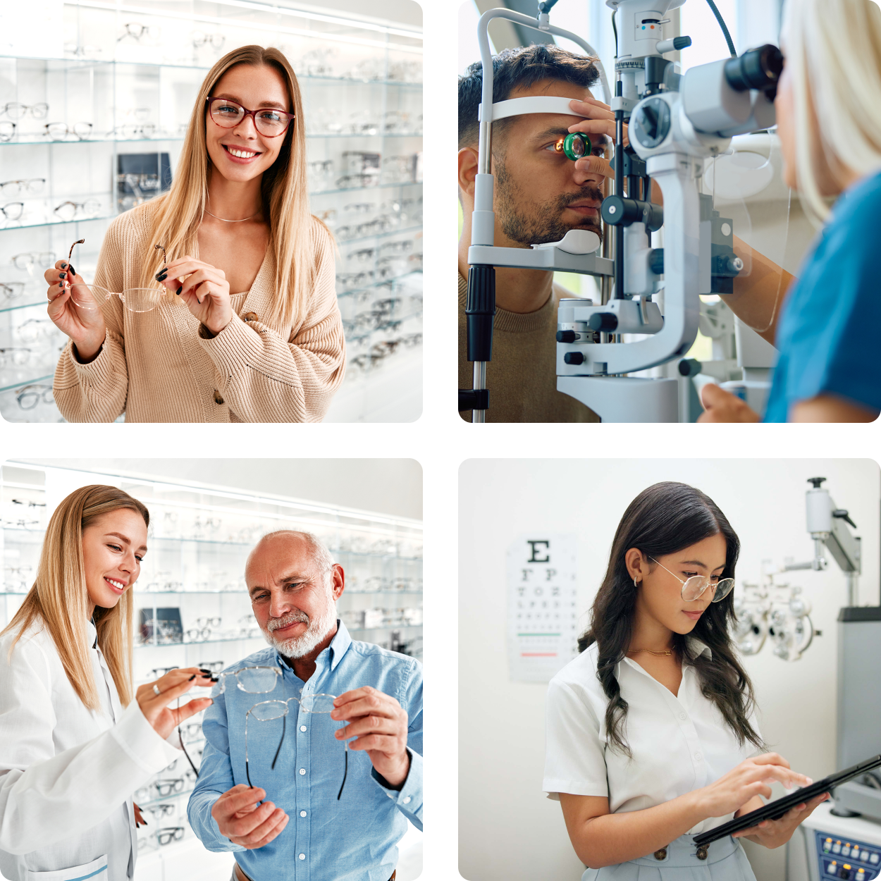 Optical store activities and eye examination scenes.