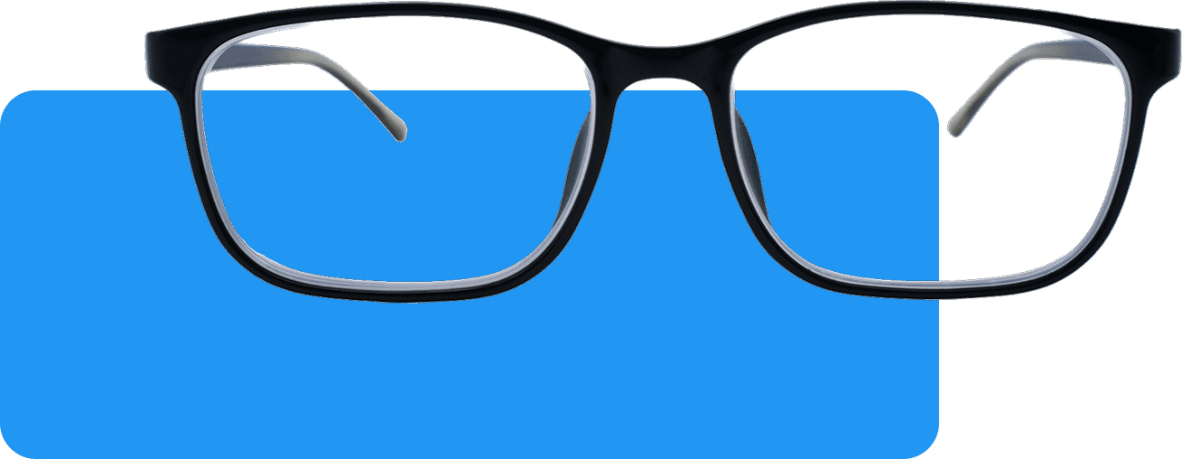 Black glasses on a blue rectangle background.