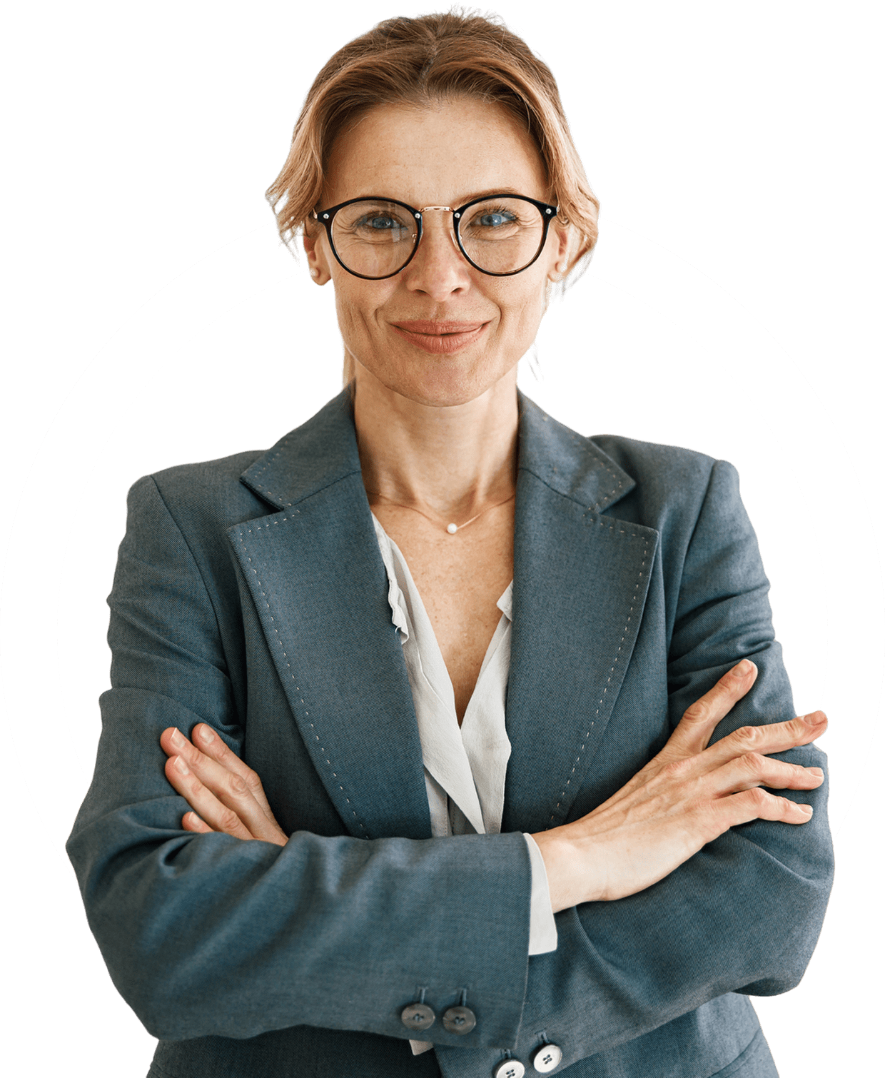 Confident woman in glasses and suit jacket.