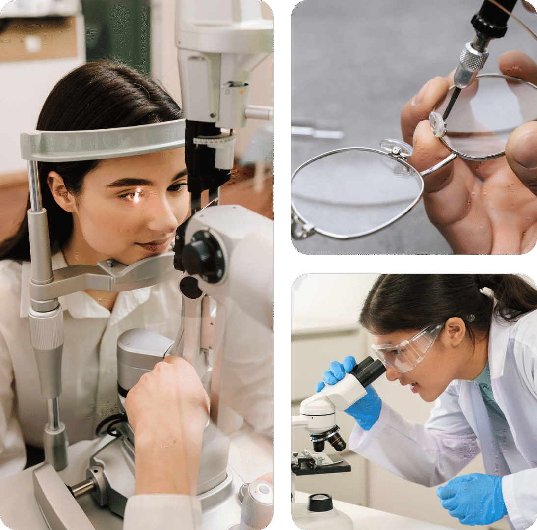 Eye exam, glasses repair, microscope examination.